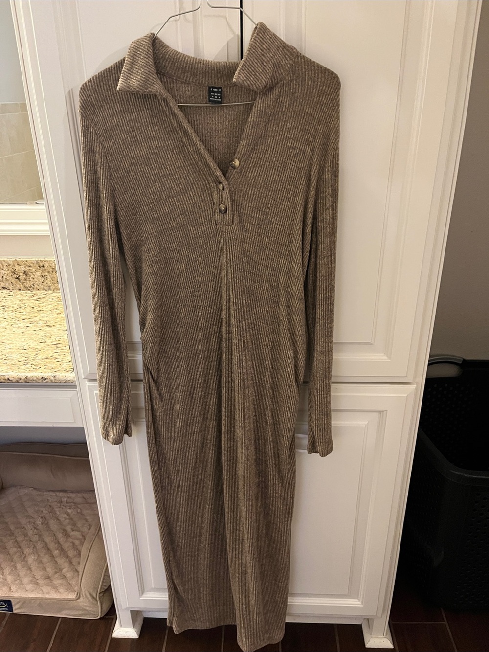 SHEIN Taupe Ribbed Long-Sleeve Maxi Dress